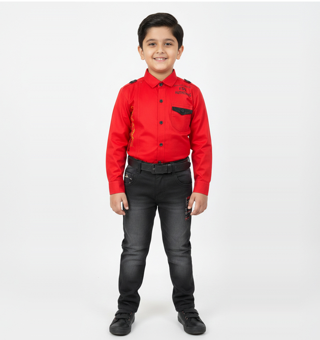 Boys' Bold Red Smart-Casual Shirt and Jeans Set (6 YRS)