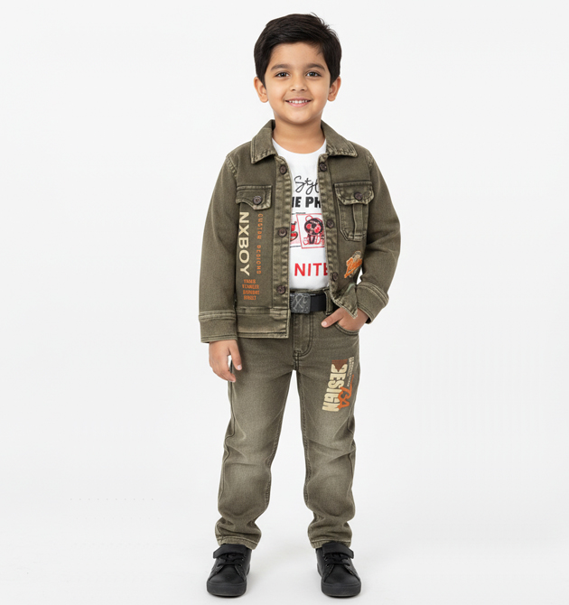 Boys' 3-Piece Olive Green Denim Jacket & Jeans Set (2 YRS)