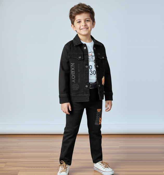Boys' 3-Piece Sleek Black Denim Jacket and Jeans Set (6 YRS)