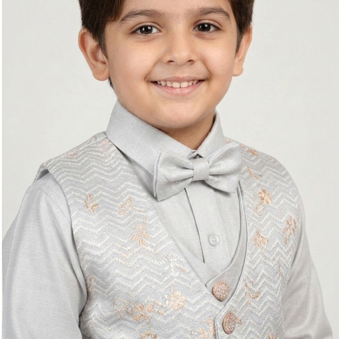 Boys' Silver-Grey 4-Piece Jacquard Party Suit (2 YRS)