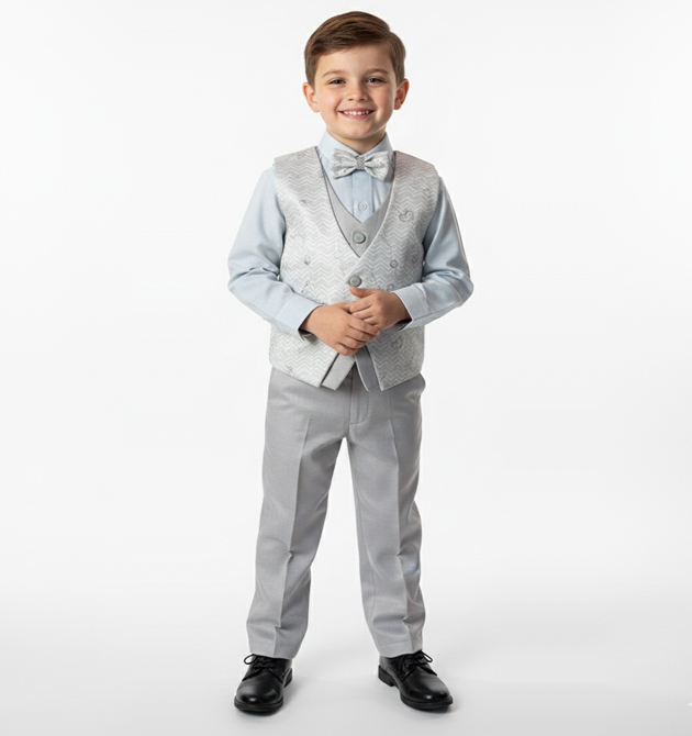 Boys' Ice Silver 4-Piece Jacquard Waistcoat Set (6 YRS)