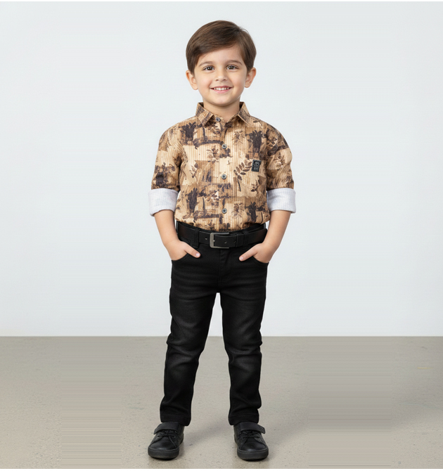 Boys' Safari-Print Shirt & Classic Black Denim Set (2 YRS)