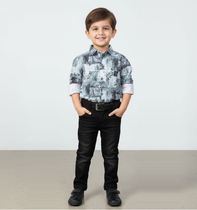 Boys' Sage Green Scenic Print Shirt & Black Trouser SeT (3 YRS)