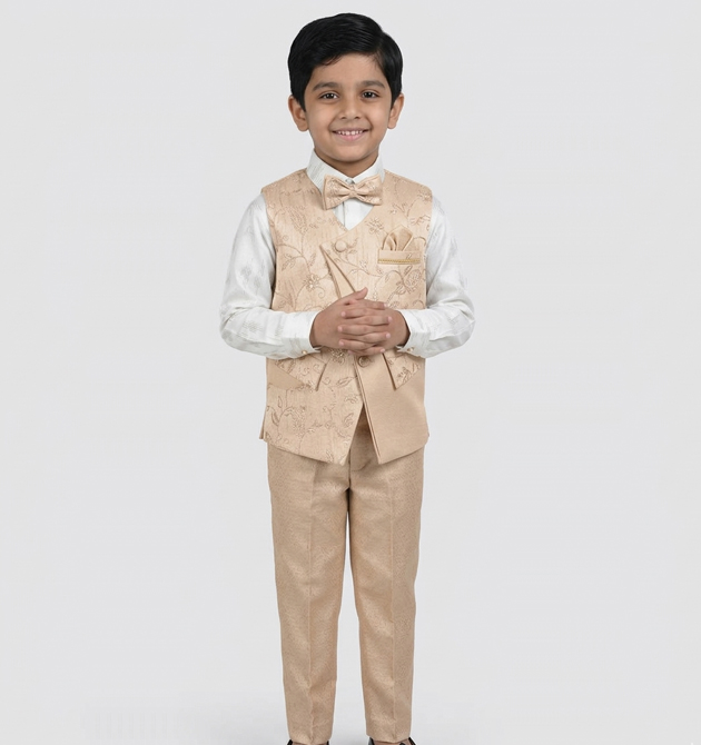 Boys' Ethnic 4-Piece Indo-Western Waistcoat Set – Royal Champagne Gold (6 YRS)