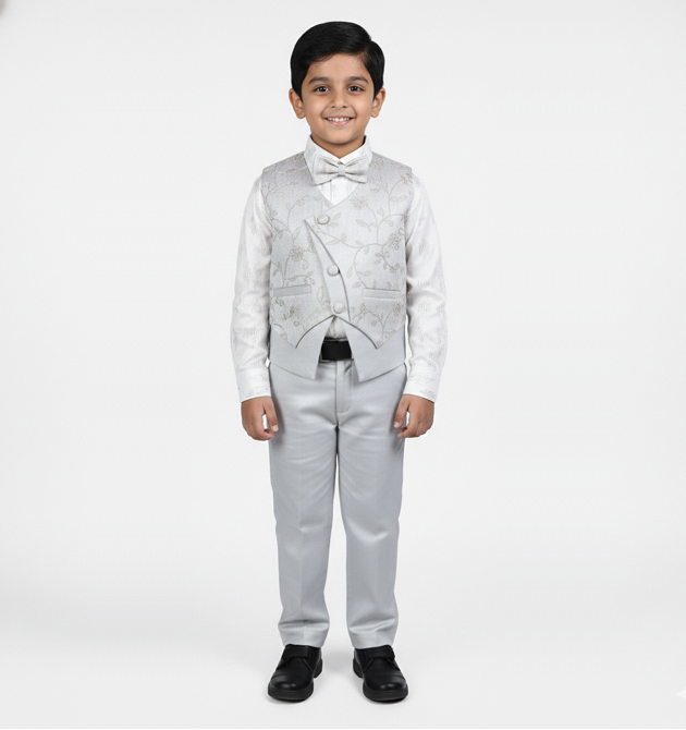 Boys' Elite 4-Piece Formal Suit Set – Arctic Silver & Pearl (2 YRS)
