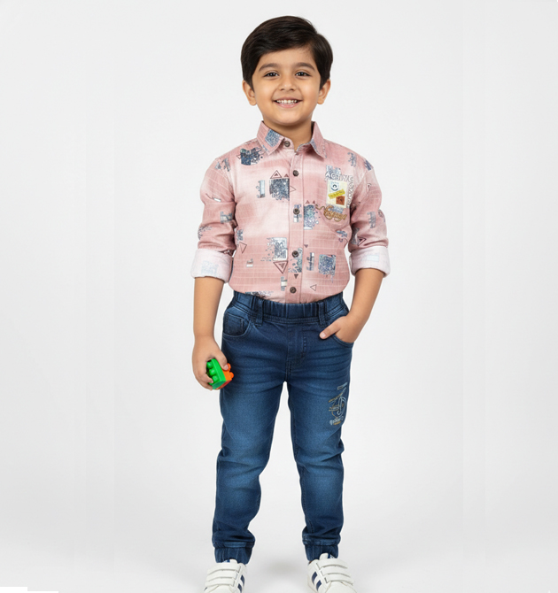 Boys' Funky Printed Shirt & Denim Jogger Set (6 YRS)