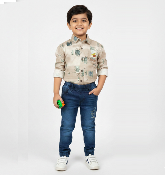 Boys' Funky Printed Shirt & Denim Jogger Set (4 YRS)