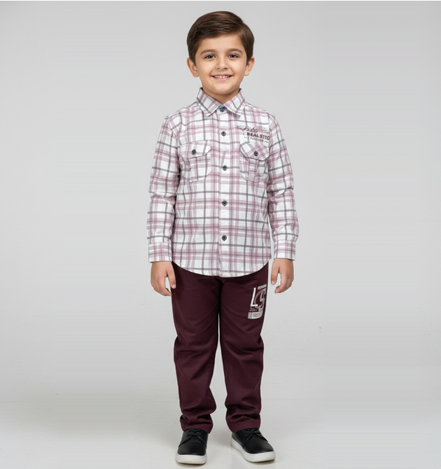 Boys' Smart Plaid Shirt & Chino Set – Wine & Slate Edition (6 YRS)