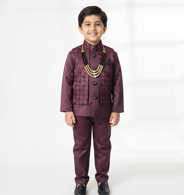 Boys' Ethnic Wine Indo-Western Jodhpur Suit Set with Mala Accessory (0.6 TO 1 YRS)