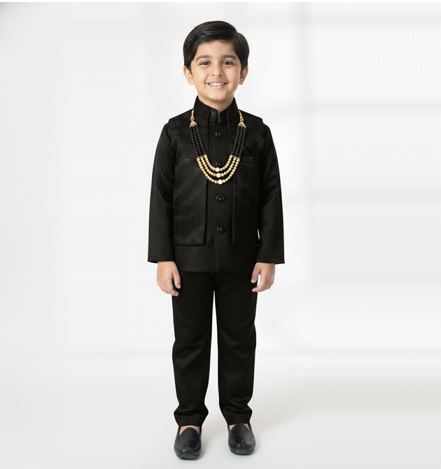 Boys' Royal Black Indo-Western Jodhpur Suit Set with Pearl & Bead Mala (0.6 TO 1 YRS)