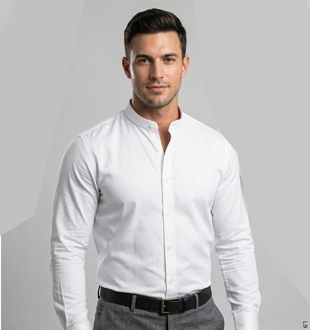 Men’s Minimalist White Mandarin Collar Slim-Fit Shirt (M)