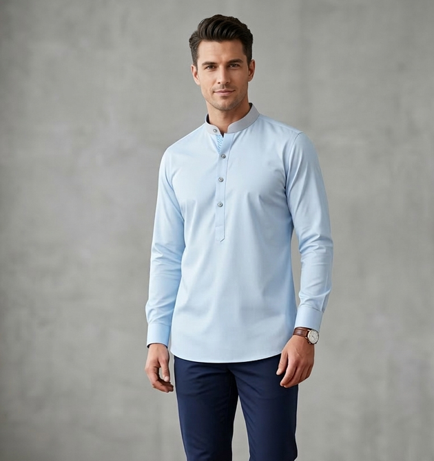 Men’s Sky Blue Contrast Mandarin Tunic Shirt (L)