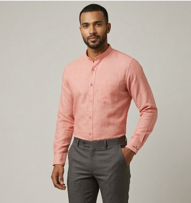 Men’s Salmon Peach Textured Mandarin Collar Shirt (L)