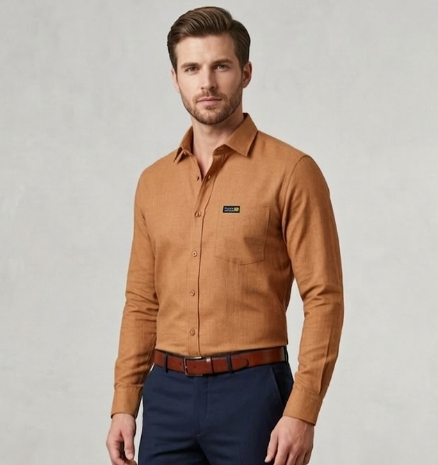 Men’s Ochre Tan Textured Linen-Blend Shirt (M)