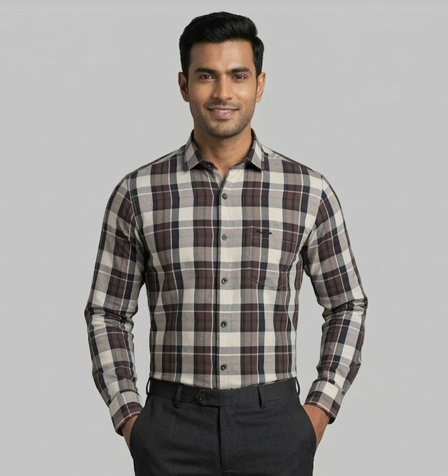 Men’s Earth-Tone Tartan Plaid Slim-Fit Shirt (S)