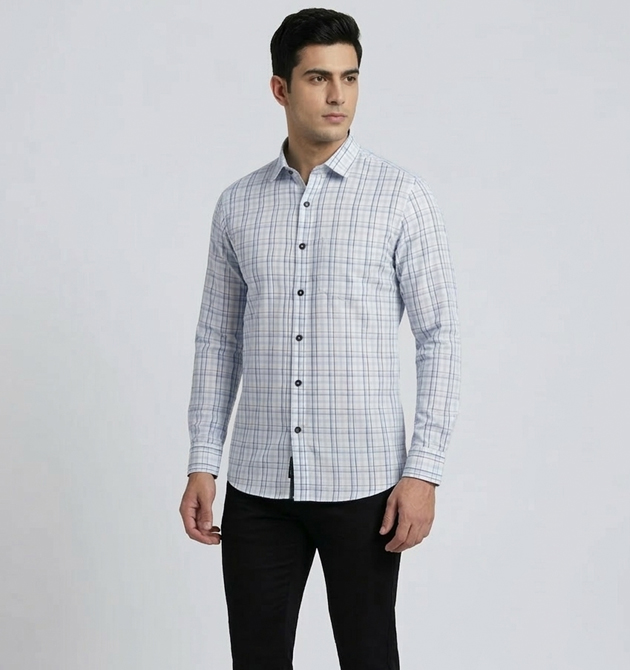 Men’s Crisp White & Sky Blue Windowpane Check Shirt (XL)