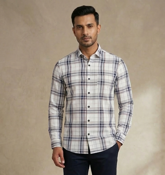 Men’s Classic Cream & Navy Tartan Check Shirt (S)