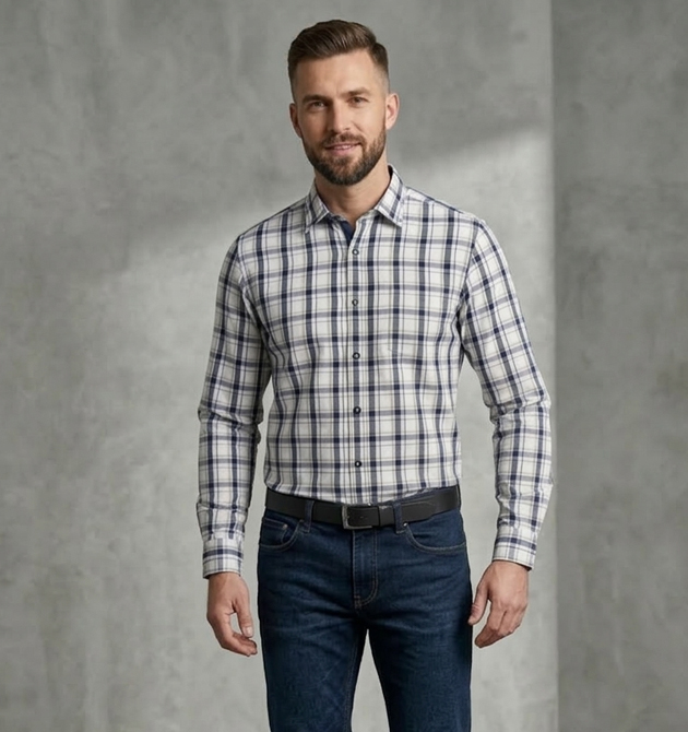 Men’s Classic White & Navy Grid Check Slim-Fit Shirt (XL)