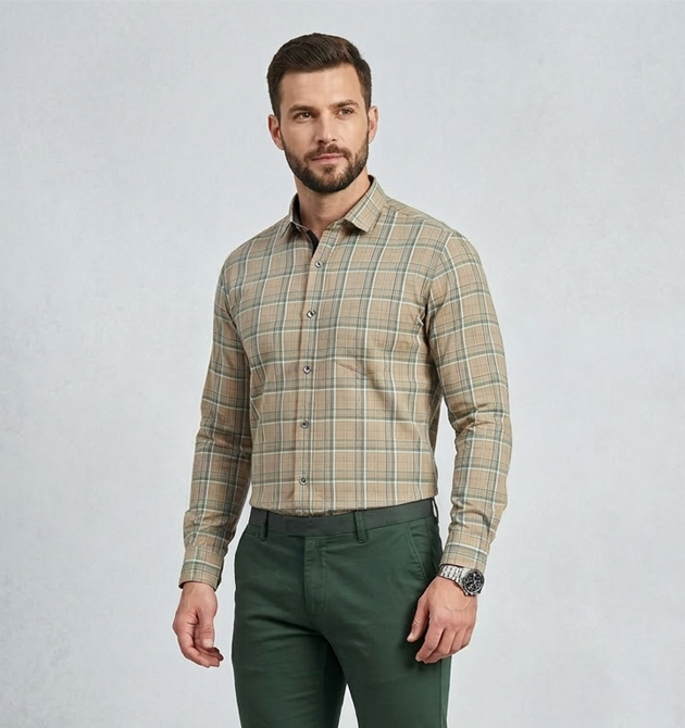 Men’s Olive & Khaki Plaid Tailored Shirt (M)