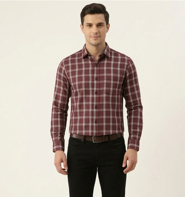 Men’s Maroon & White Grid Check Slim-Fit Shirt (S)