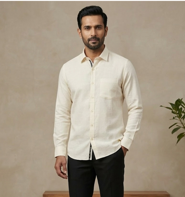Men’s Premium Cream Textured Linen-Cotton Shirt (M)