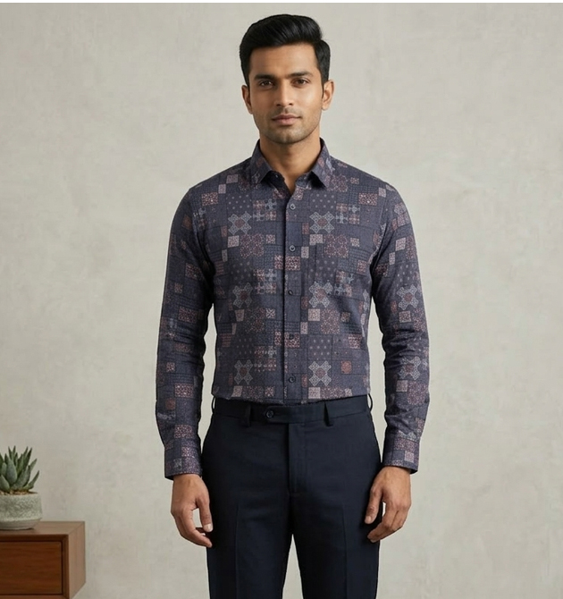 Men’s Navy Geometric Patchwork Print Premium Shirt (M)