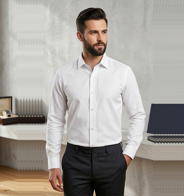 Men’s Executive Pure White Micro-Textured Formal Shirt (L)