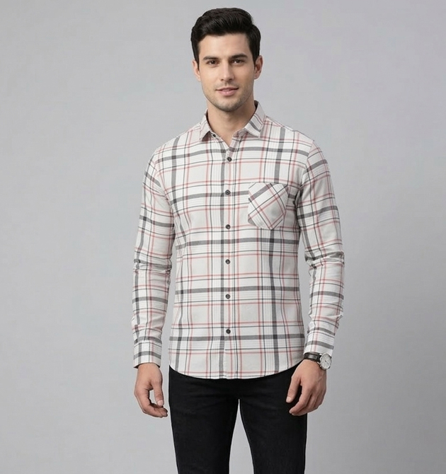Men’s Modern Ivory & Terracotta Grid Plaid Shirt (L)