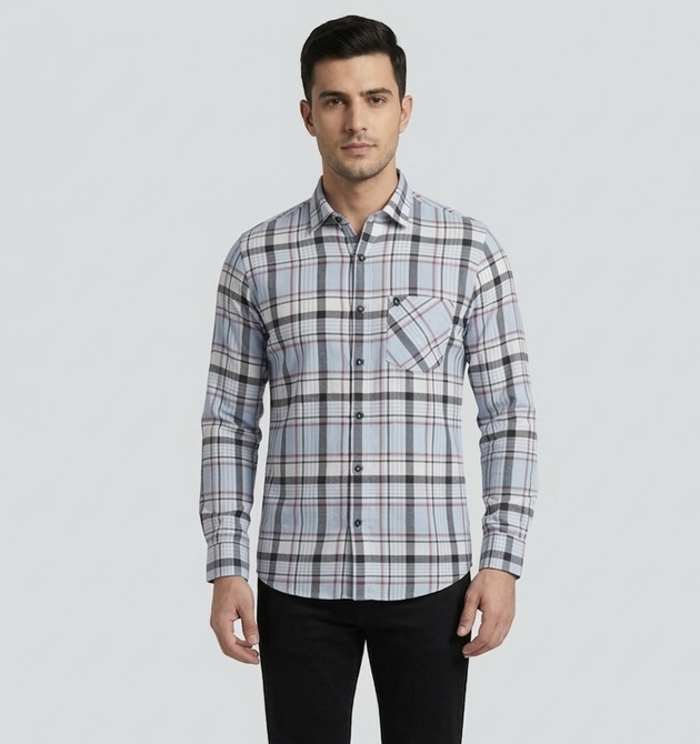 Men’s Slate Blue & Charcoal Designer Plaid Shirt (S)