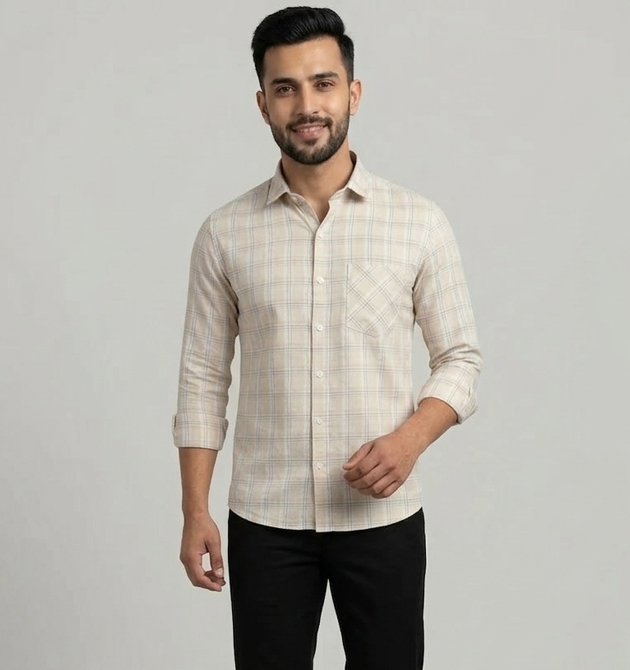 Men’s Classic Cream & Sky Blue Windowpane Check Shirt (S)