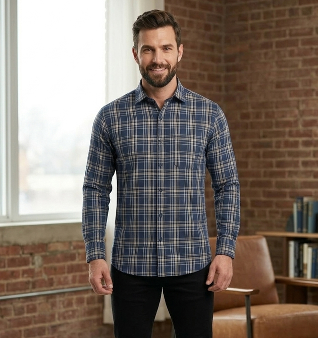 Men’s Classic Indigo & Slate Plaid Slim-Fit Shirt (S)