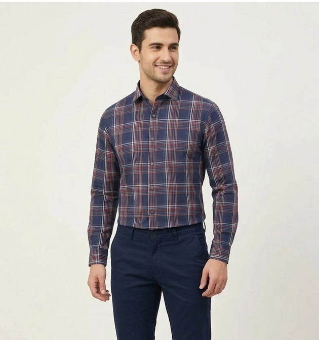 Men’s Classic Navy & Crimson Tartan Plaid Shirt (S)