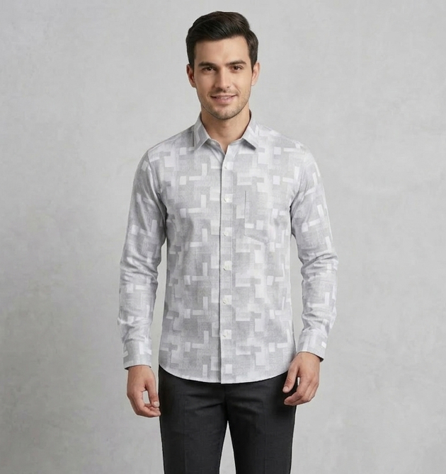 Men’s Grey Geometric Abstract Print Shirt (L)