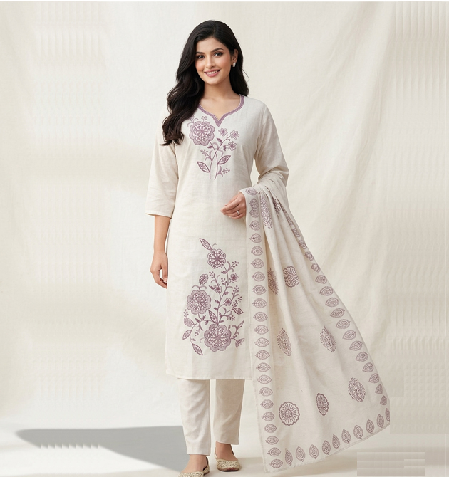 legant Cream Cotton Silk Suit Set with Lilac Floral Embroidery (XL)
