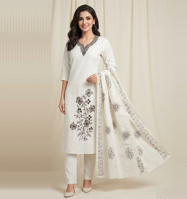 Sophisticated Off-White Cotton Silk Suit with Charcoal Floral Art (M)