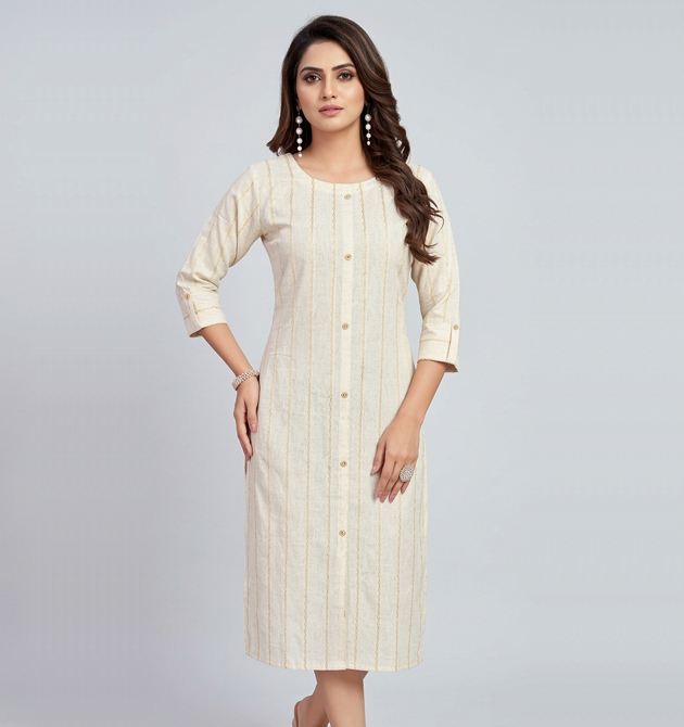 Chic Cream Vertical Stripe Cotton Kurti with Button-Down Detail (M)