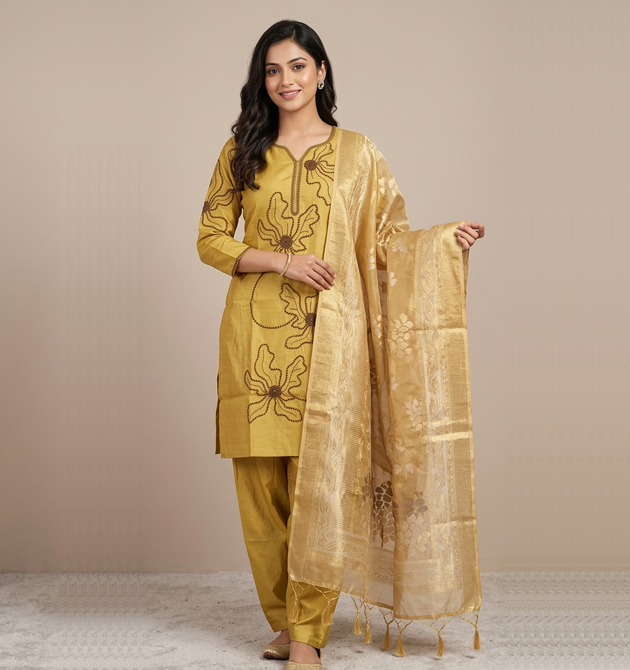 Radiant Mustard Silk Blend Suit Set (XXL)
