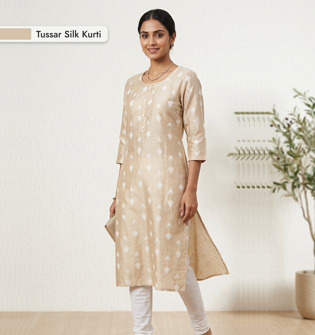 Graceful Beige Tussar Silk Kurti (XXL)