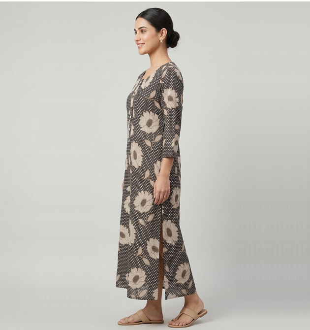 Charcoal Grey Floral & Polka Dot Fusion Cotton Kurti (M)