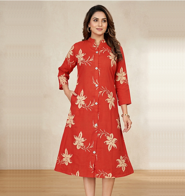 Radiant Rust-Red Floral A-Line Kurti (XL)