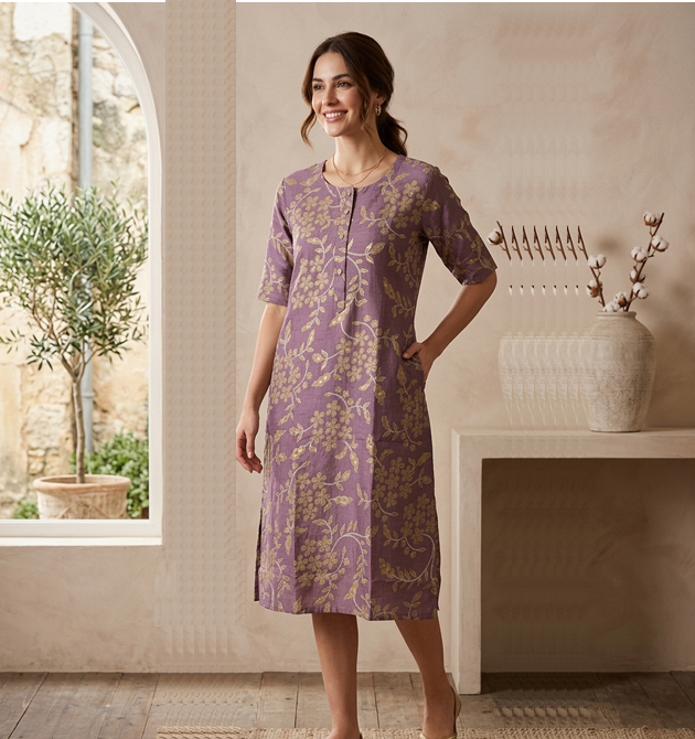 Lavender Bloom Linen-Cotton Kurti (XXL)
