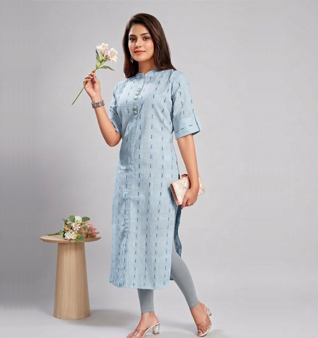 Sky Blue Textured Cotton Kurti (XXL)