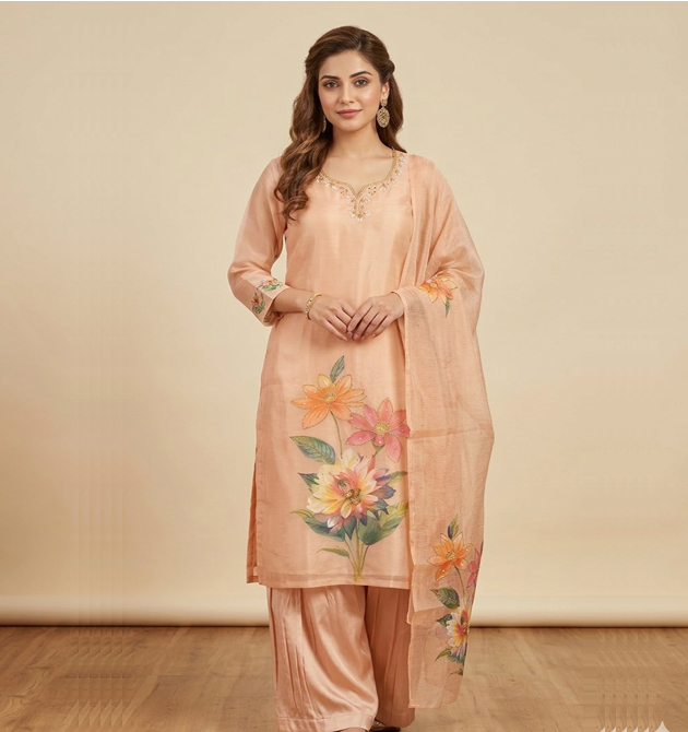 Luxora Peach Floral Hand-Painted Chanderi Suit Set (L)