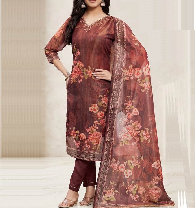 Luxora Deep Wine Floral Print Organza Suit Set (L)