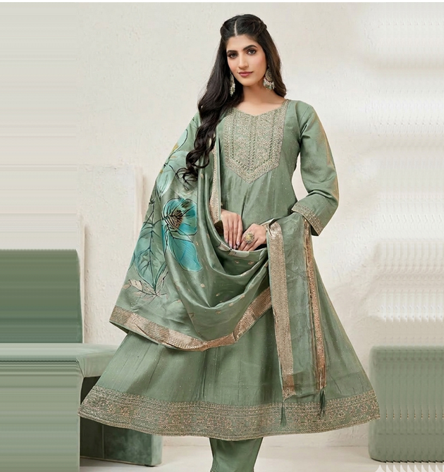 Luxora Sage Green Anarkali Suit Set (L)