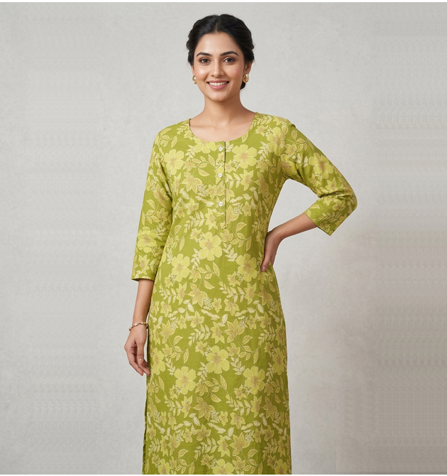 Luxora Lime Blossom Floral Straight Kurti (XL)