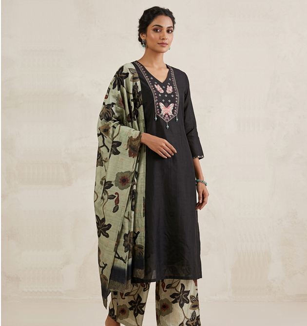 Luxora Charcoal Black Butterfly Embroidered Suit Set (XL)