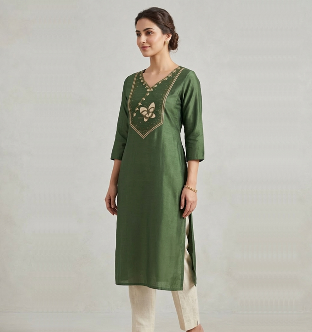 Luxora Olive Green Butterfly Embroidered Straight Kurti (M)