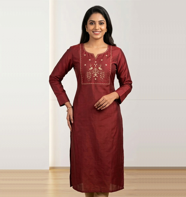 Luxora Deep Maroon Peacock Embroidered Straight Kurti (XL)