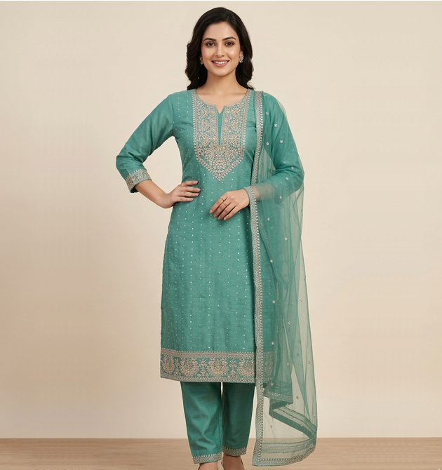 Luxora Teal Embroidered Silk Suit Set (XXL)